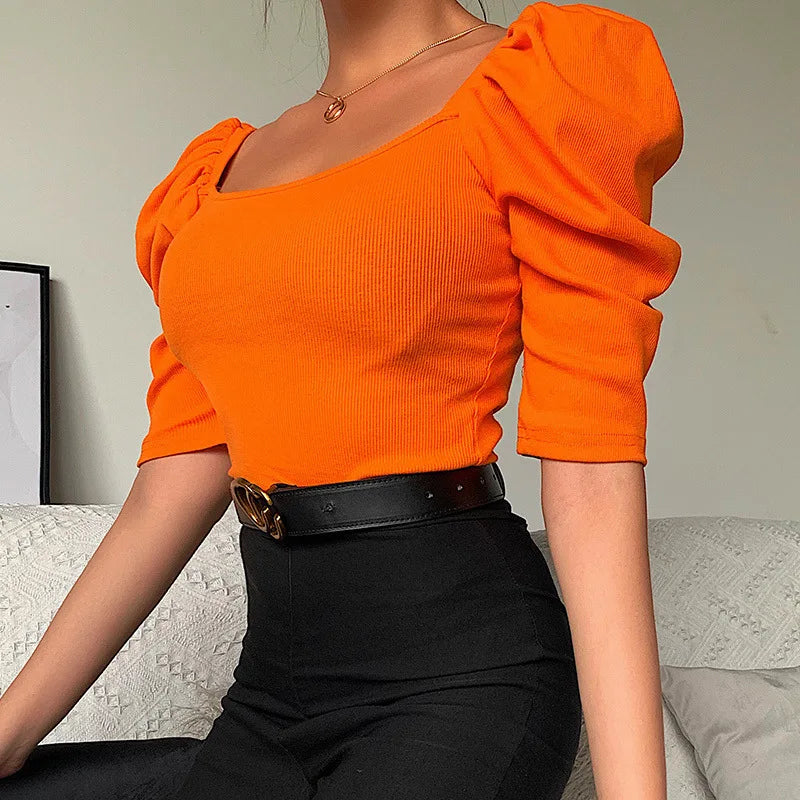 Sexy Puff Sleeve Bare Midriff Thread Knitted T Shirt Women Half Sleeves Bottoming Shirt Ladies Tee Shirt Tops Camisetas Mujer