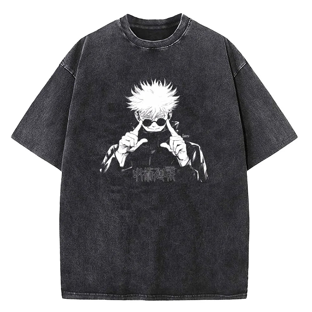 Gojo Satoru Jujutsu Kaisen T Shirt Men Women Tshirt Vintage Washed Cotton T-shirt Clothing Summer Short Sleeve Tees Streetwear