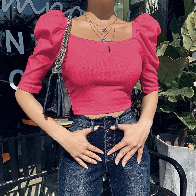Sexy Puff Sleeve Bare Midriff Thread Knitted T Shirt Women Half Sleeves Bottoming Shirt Ladies Tee Shirt Tops Camisetas Mujer