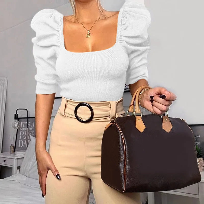 Sexy Puff Sleeve Bare Midriff Thread Knitted T Shirt Women Half Sleeves Bottoming Shirt Ladies Tee Shirt Tops Camisetas Mujer