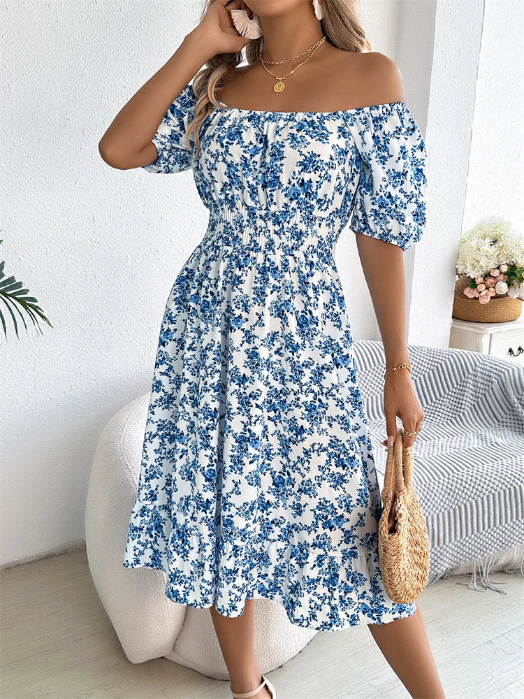 Msfilia Leisure Square Collar Spring Summer Dress Women Short Sleeve Loose Waist Design Lotus Leaf A-shaped Print Dress