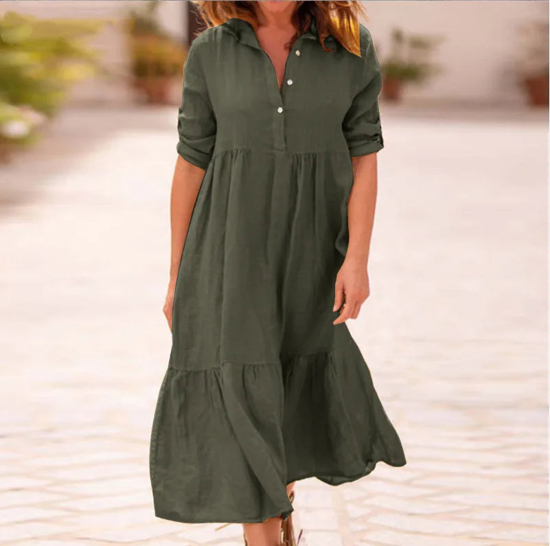 Women's New Cotton And Linen Mid Length Irregular Dress Autumn Loose Twist Button V-neck Half Sleeve Pullover Casual Dress Robe