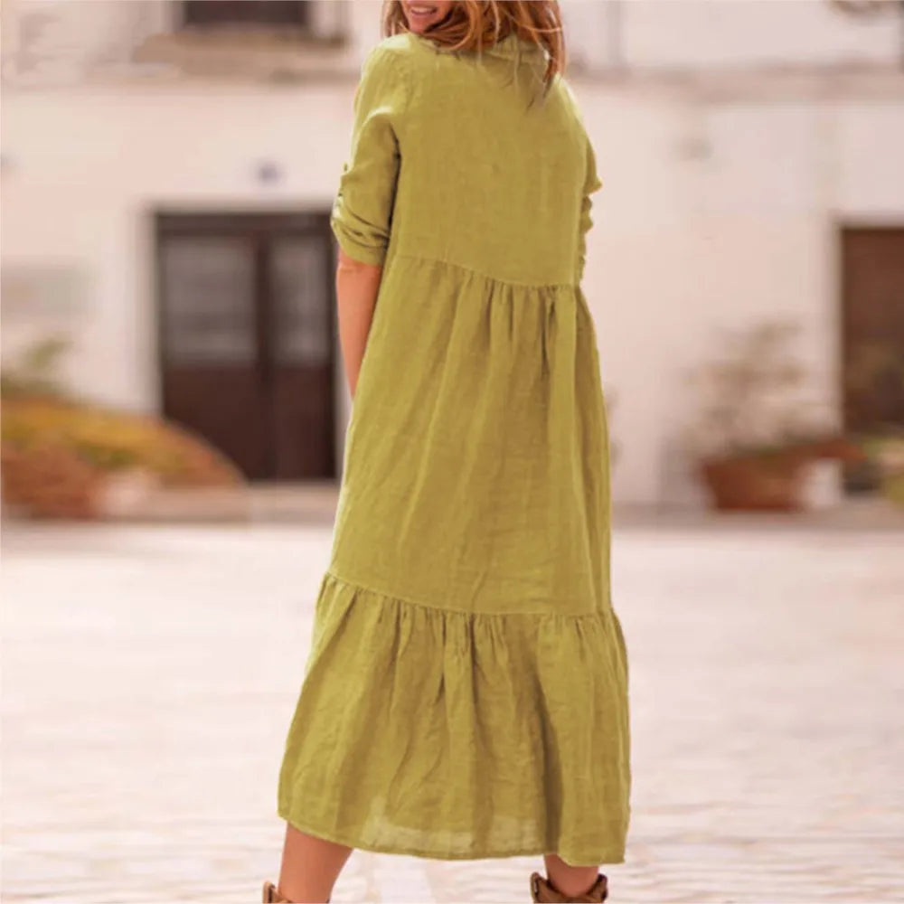 Women's New Cotton And Linen Mid Length Irregular Dress Autumn Loose Twist Button V-neck Half Sleeve Pullover Casual Dress Robe