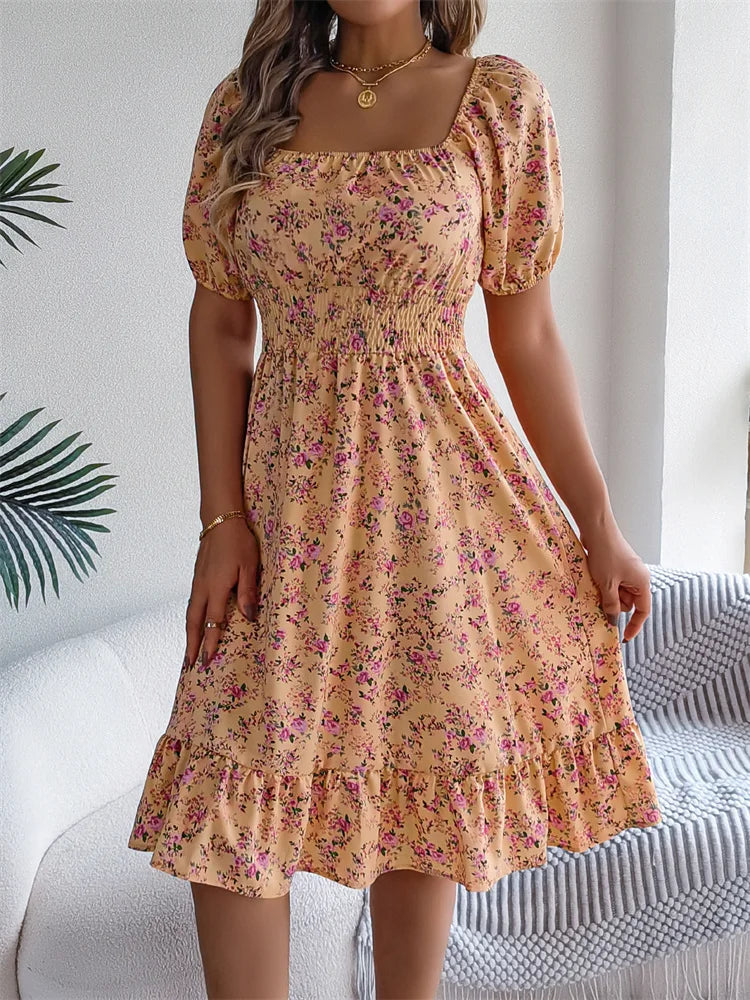 Msfilia Leisure Square Collar Spring Summer Dress Women Short Sleeve Loose Waist Design Lotus Leaf A-shaped Print Dress