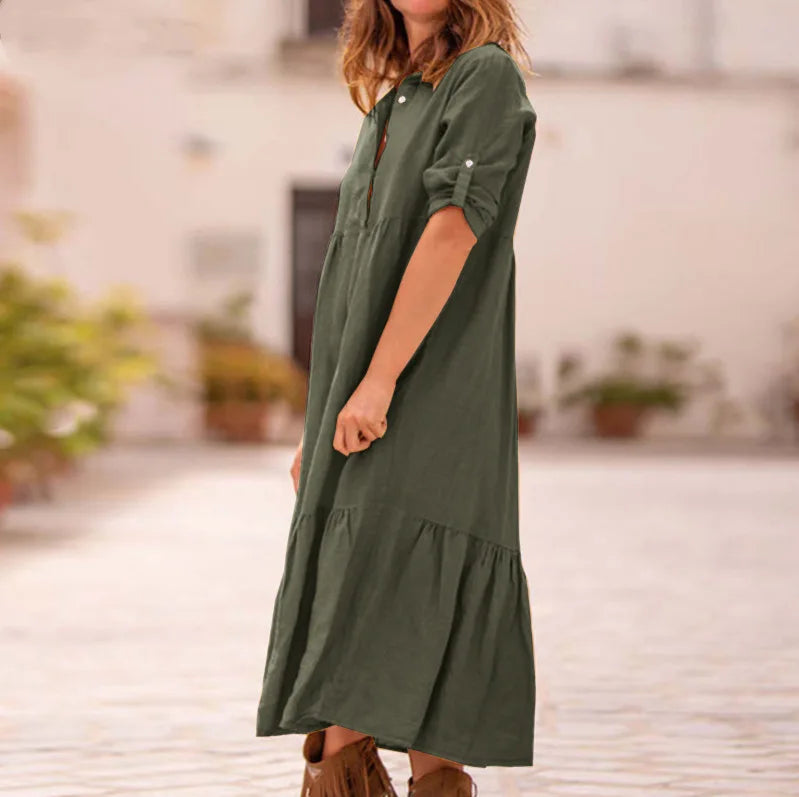 Women's New Cotton And Linen Mid Length Irregular Dress Autumn Loose Twist Button V-neck Half Sleeve Pullover Casual Dress Robe