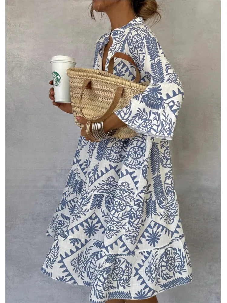 Casual Bohemian Style Print Midi Dresses Women Fashion V-neck 3/4 Sleeve Loose Shirt Dress Summer Female Beach Dress Vestidos