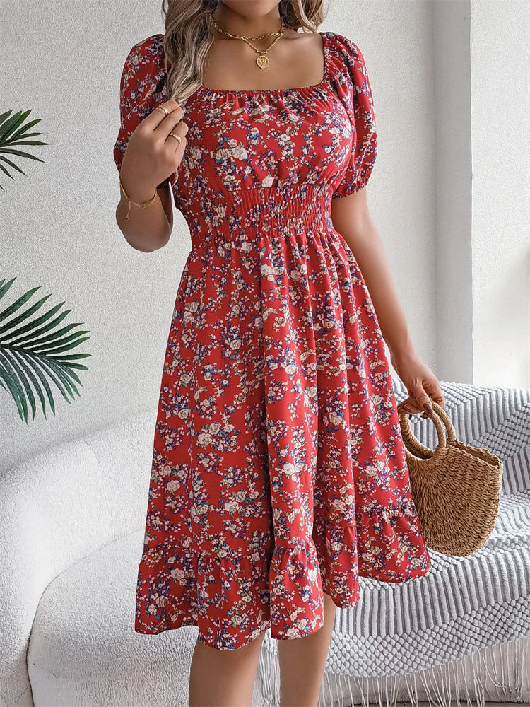 Msfilia Leisure Square Collar Spring Summer Dress Women Short Sleeve Loose Waist Design Lotus Leaf A-shaped Print Dress