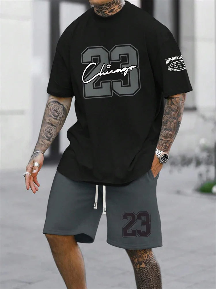 Summer Men's Short Sleeve T-shirt Shorts 2-piece Set Plus Size T Shirt Clothing O-neck T-shirts Side Pocket Elastic Waist Shorts