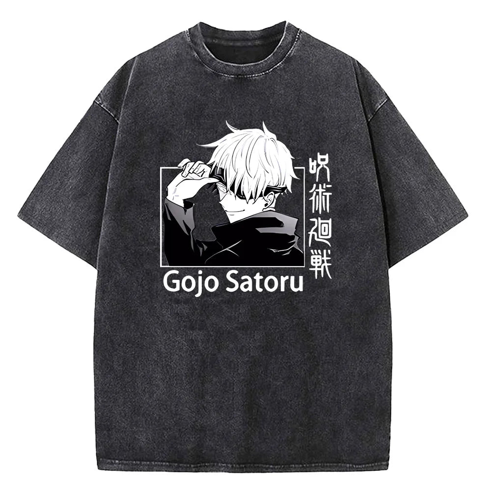 Gojo Satoru Jujutsu Kaisen T Shirt Men Women Tshirt Vintage Washed Cotton T-shirt Clothing Summer Short Sleeve Tees Streetwear