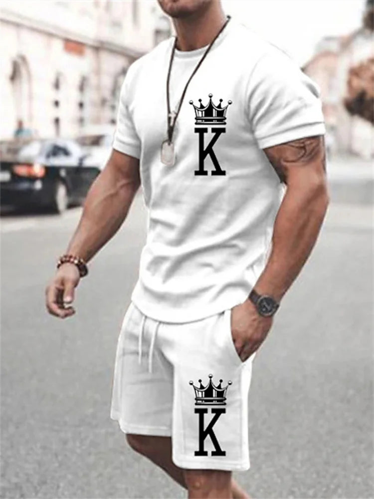 New Summer Men's Casual Suit Oversized Two-Piece Simple Casual Streetwear King Print Beach Suit Men's T-Shirt Shorts Sportswear