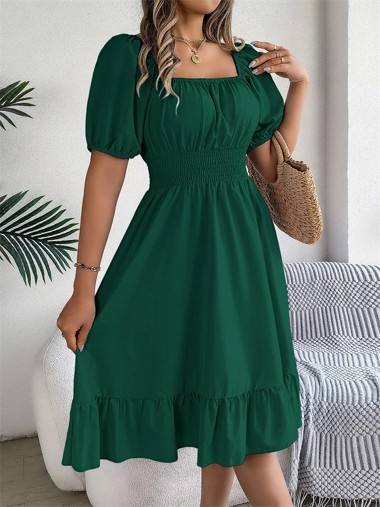 Msfilia Leisure Square Collar Spring Summer Dress Women Short Sleeve Loose Waist Design Lotus Leaf A-shaped Print Dress