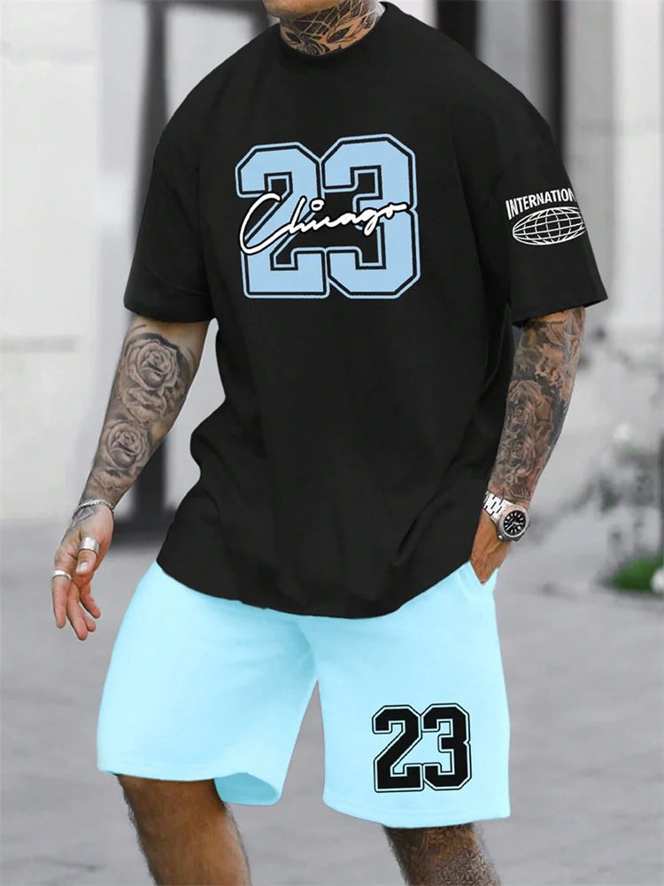 Summer Men's Short Sleeve T-shirt Shorts 2-piece Set Plus Size T Shirt Clothing O-neck T-shirts Side Pocket Elastic Waist Shorts