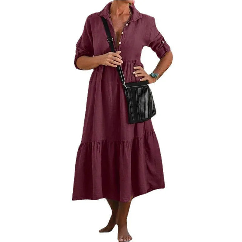 Women's New Cotton And Linen Mid Length Irregular Dress Autumn Loose Twist Button V-neck Half Sleeve Pullover Casual Dress Robe