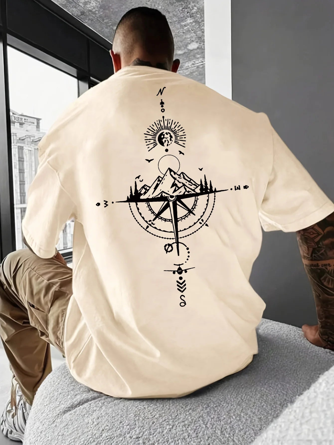 T-Shirt Compass Rétro - 100% Coton Oversize Casual Sport