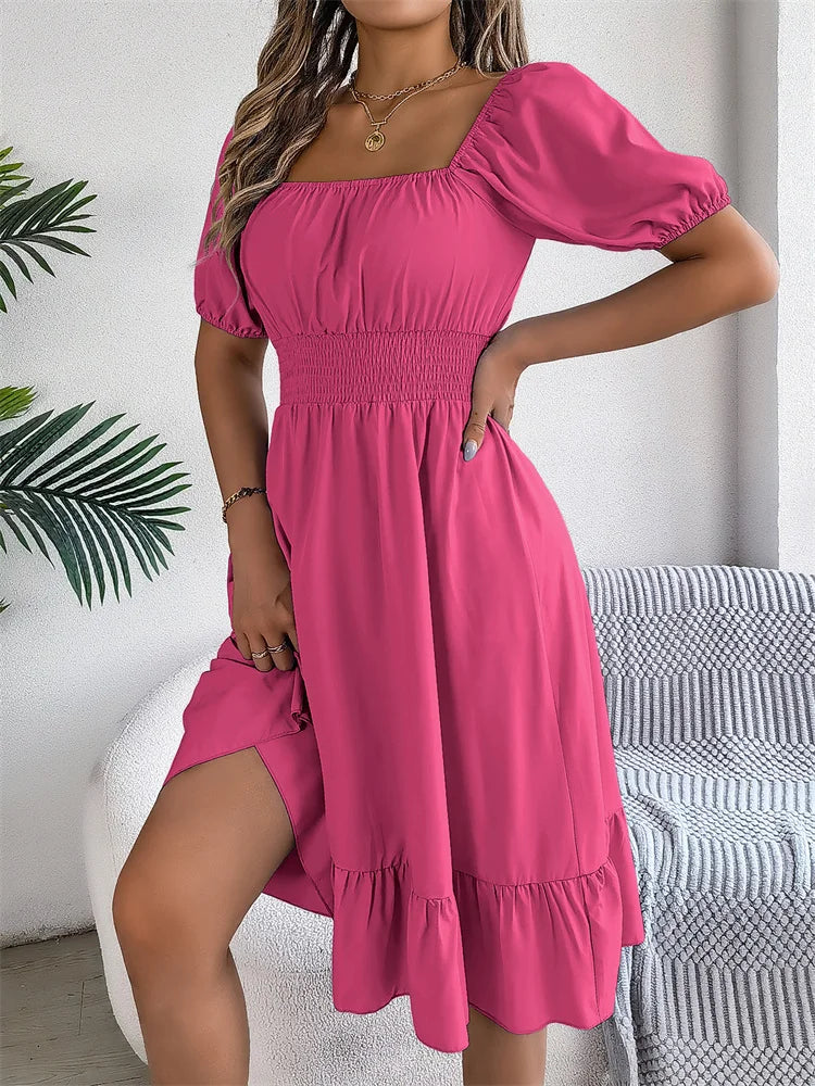 Msfilia Leisure Square Collar Spring Summer Dress Women Short Sleeve Loose Waist Design Lotus Leaf A-shaped Print Dress