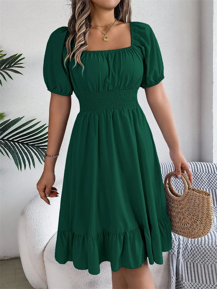 Msfilia Leisure Square Collar Spring Summer Dress Women Short Sleeve Loose Waist Design Lotus Leaf A-shaped Print Dress