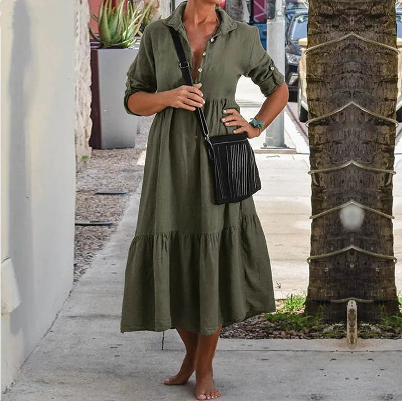 Women's New Cotton And Linen Mid Length Irregular Dress Autumn Loose Twist Button V-neck Half Sleeve Pullover Casual Dress Robe