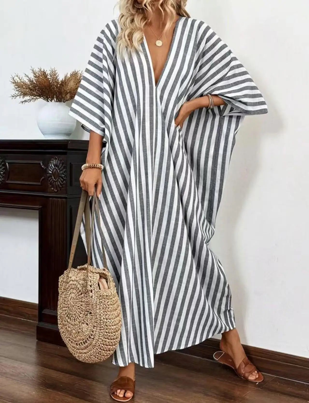 Casual Oversized Women's Dress, 2025 Summer New Sexy Deep V-neck Loose Striped Print Long Women's Dress Beach Vacation Sundress
