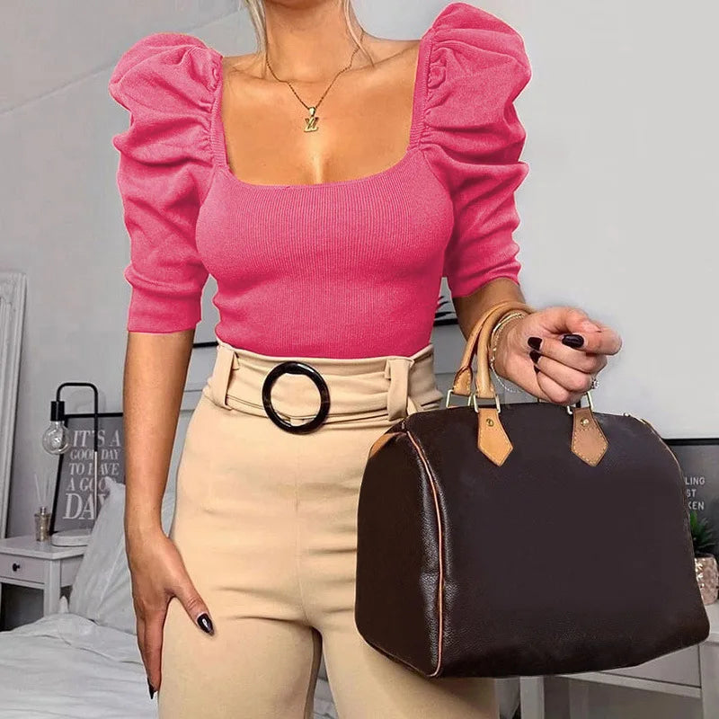 Sexy Puff Sleeve Bare Midriff Thread Knitted T Shirt Women Half Sleeves Bottoming Shirt Ladies Tee Shirt Tops Camisetas Mujer
